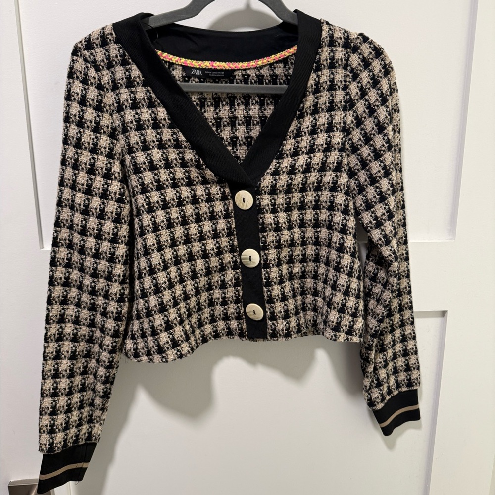 Zara Black & Cream Tweed Cropped Cardigan Top